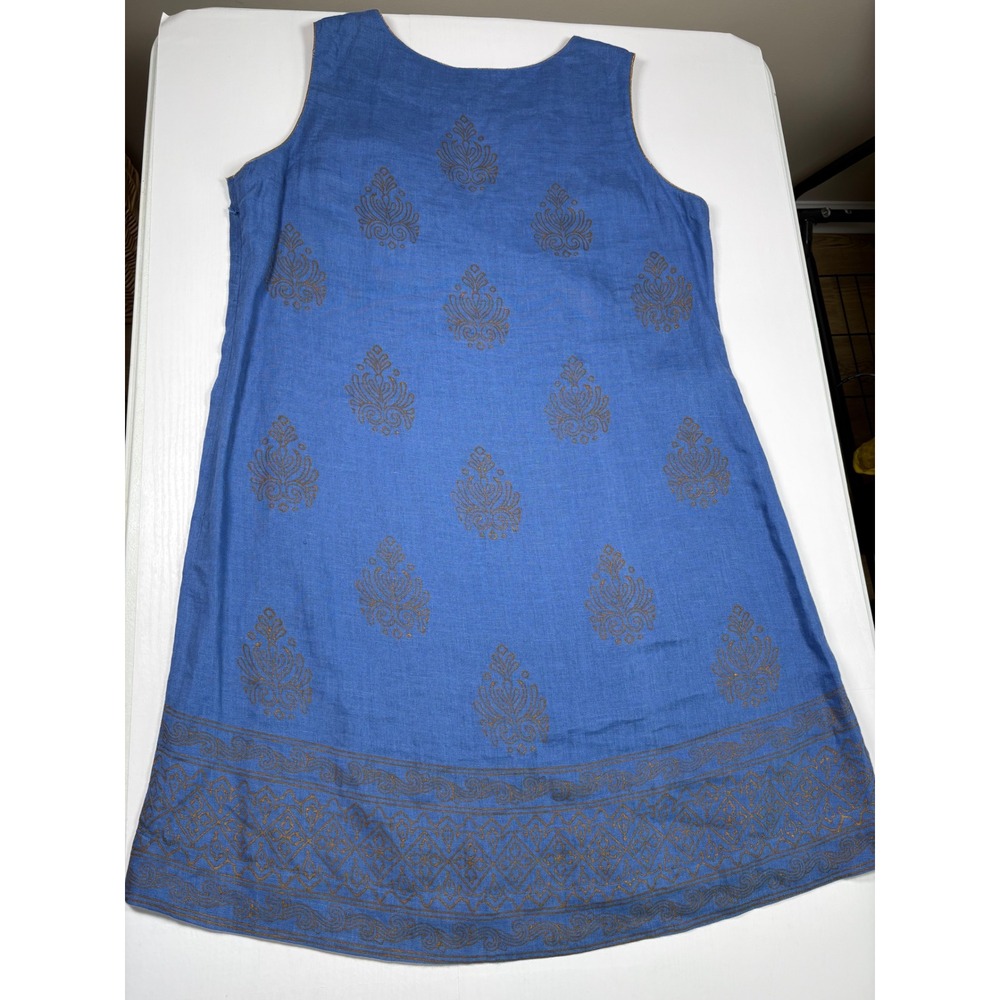 Soft Surroundings Blue Linen Gold Sequin Block Print Shift Dress L Coastal Boho - Picture 5 of 10